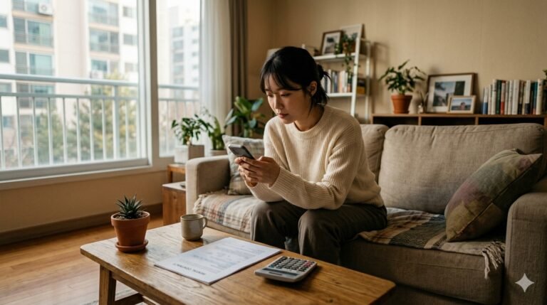 재계약 보증금 인상 문자를 확인하는 세입자와 계약서가 놓인 거실 일러스트